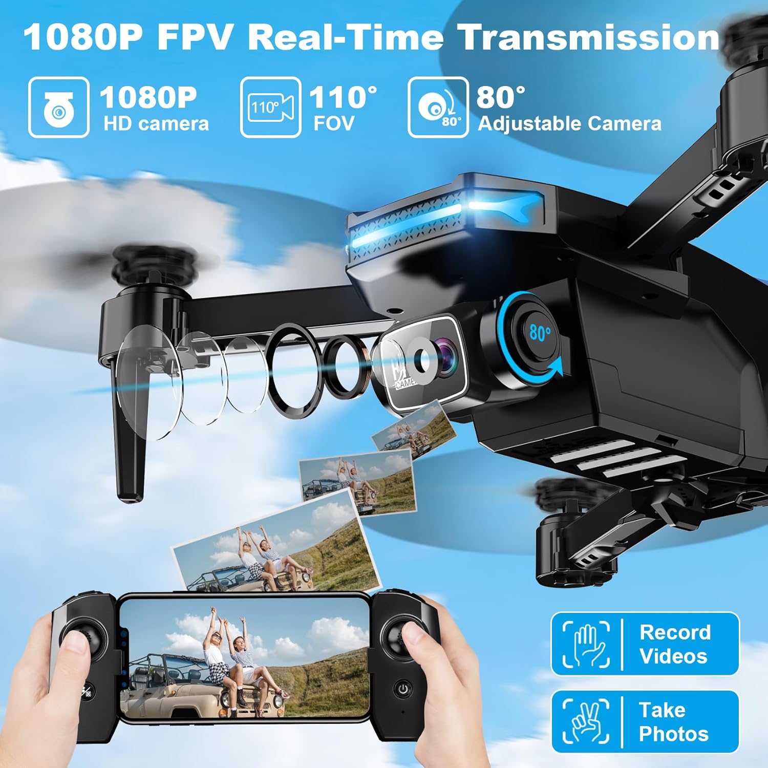 Drone with 1080P Camera for Beginners and Adults, Foldable Remote Control Quadcopter with Voice Control, Gestures Selfie, Altitude Hold, One Key Start, 3D Flips, 2 Batteries, Toy for Beginners - Image 2