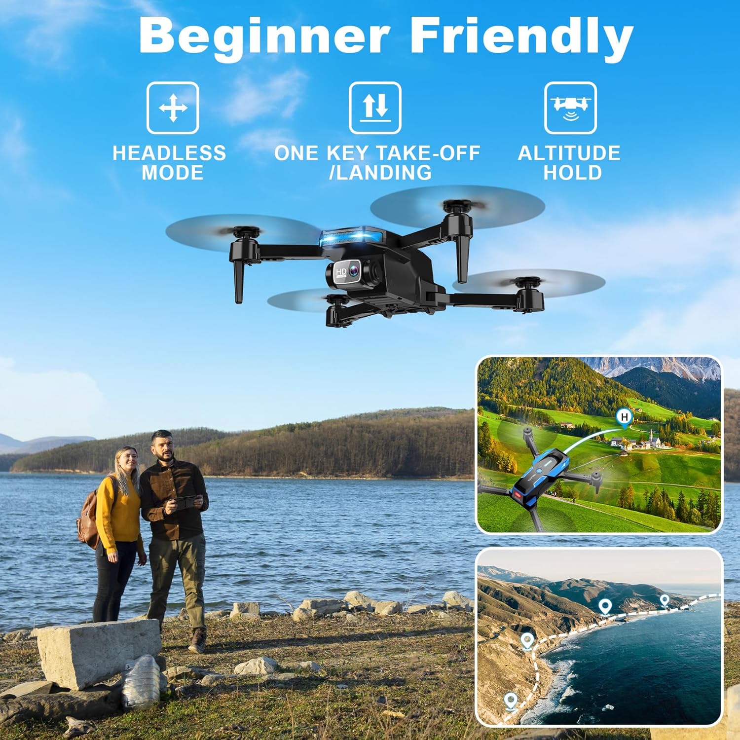 Drone with 1080P Camera - Foldable Remote Control Quadcopter with Gesture Control, 3D Flip, One Key Start, Emergency Stop, 2 Batteries, Easier to use, Toy for Adult Beginners, Black&Blue - Image 3